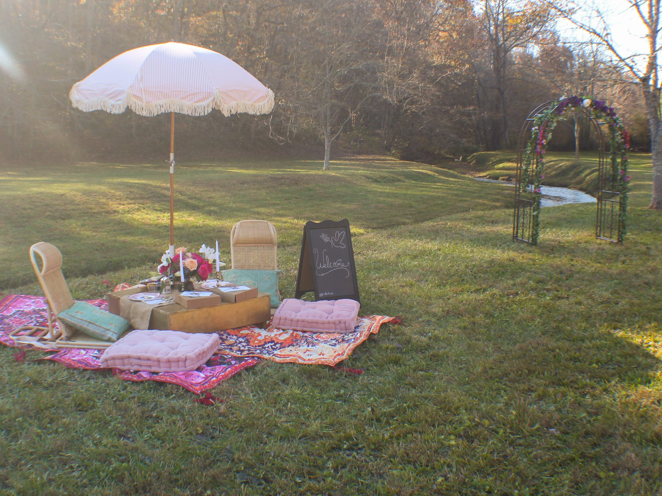 a picnic area near a stream