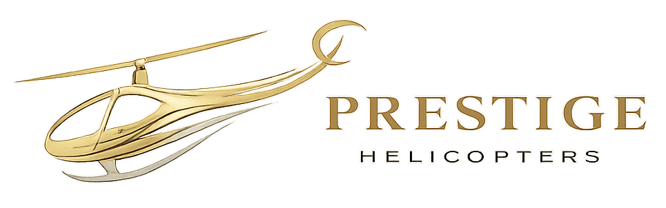 Logo with stylized gold helicopter and 'Prestige Helicopters' text.